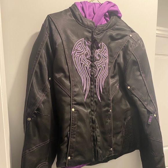 Leather Women's Black and Purple Leather Hoodie Jacket with Reflective Design - Picture 5 of 5